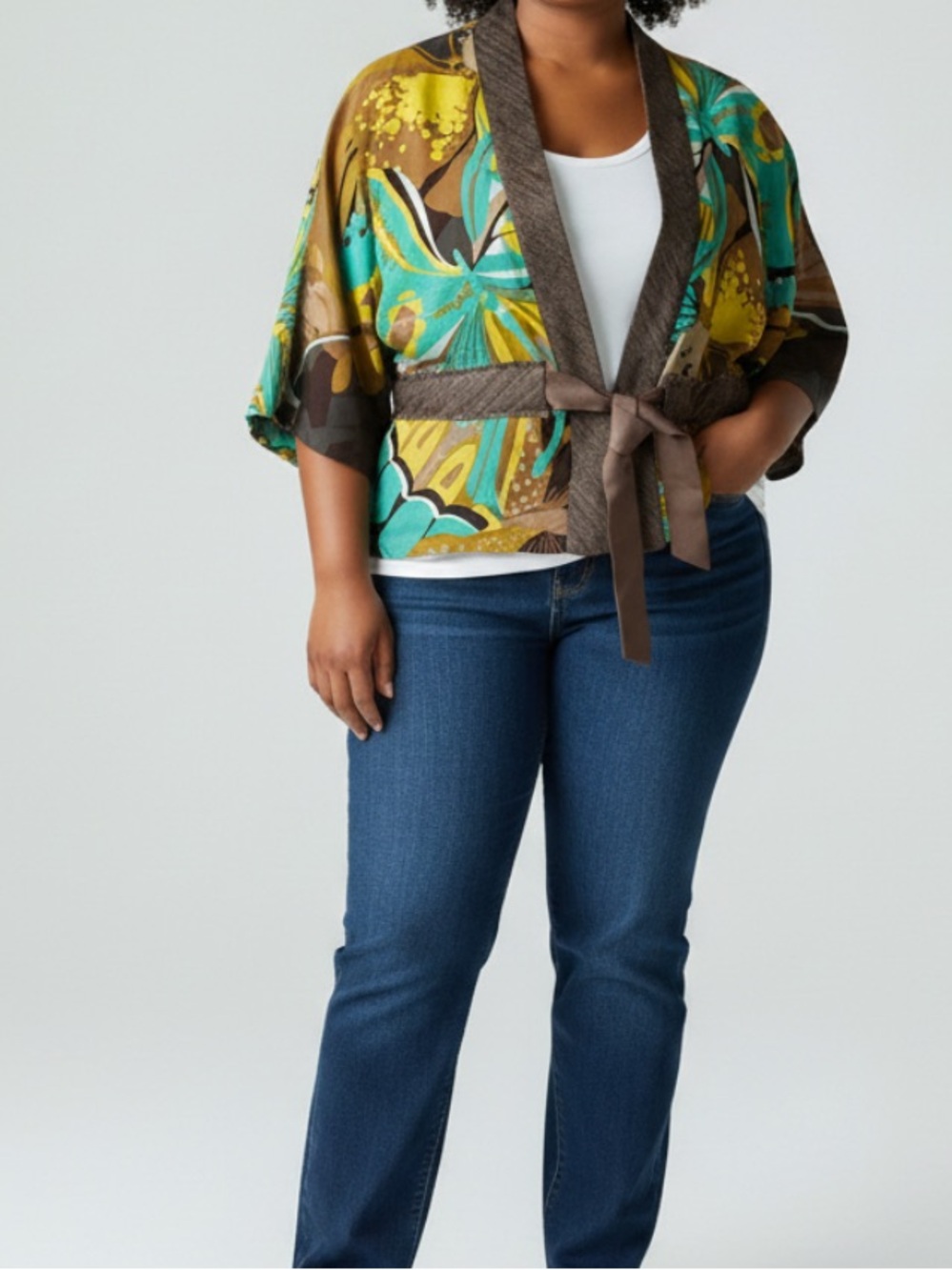 Trina Turk Teal, Mustard & Brown Floral Wrap Kimono Silk Linen Butterfly